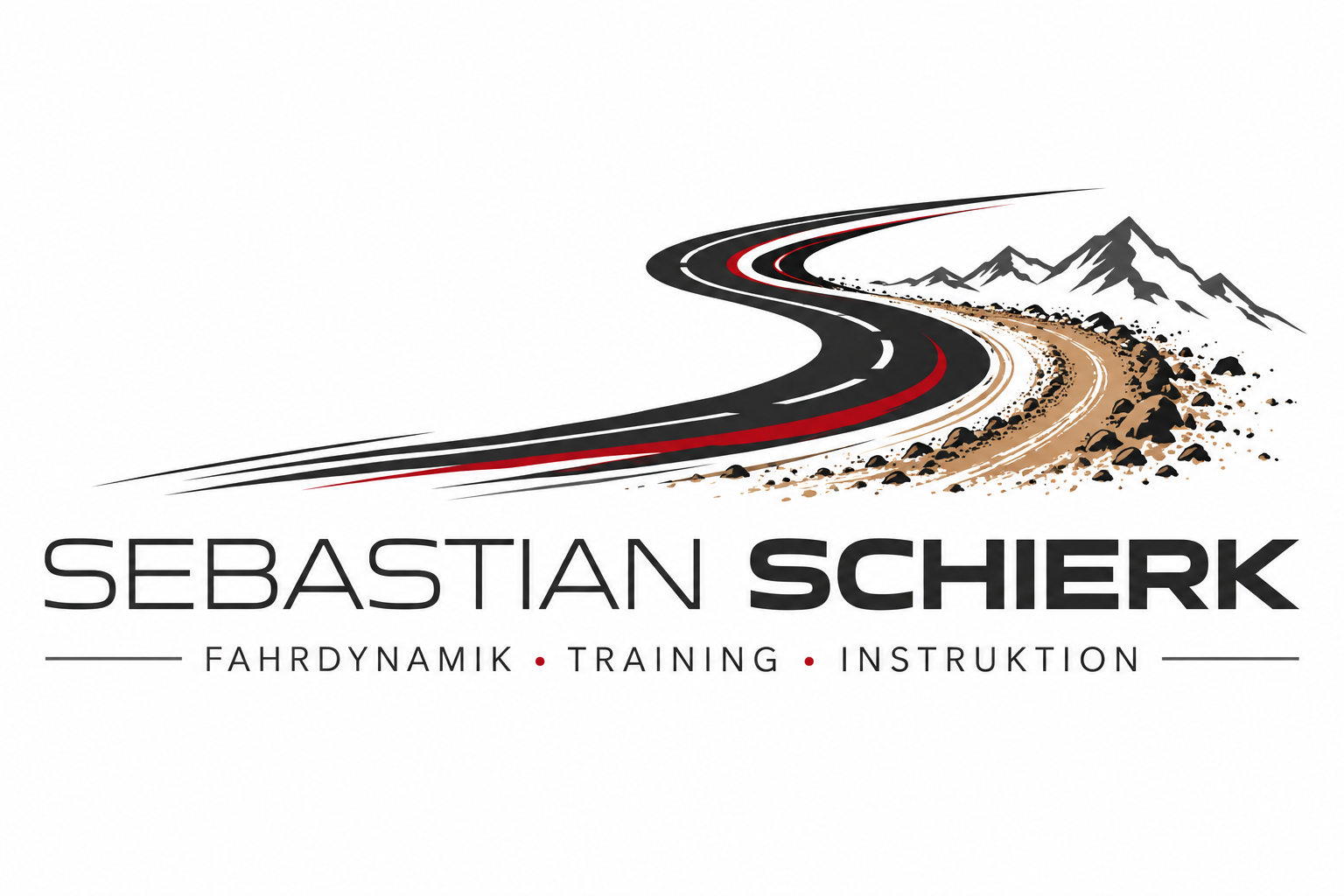 Sebastian Schierk – Fahrdynamik · Training · Instruktion. Logo mit geschwungener Straße und Offroad-Piste vor Bergen.